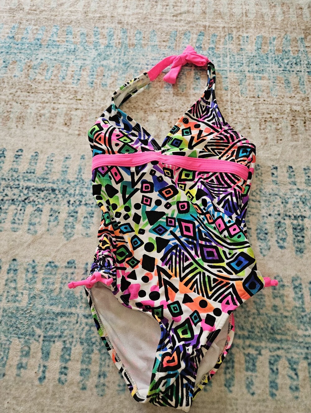 Girls Neon Geo One-Piece Swimsuit with Pink Trim
